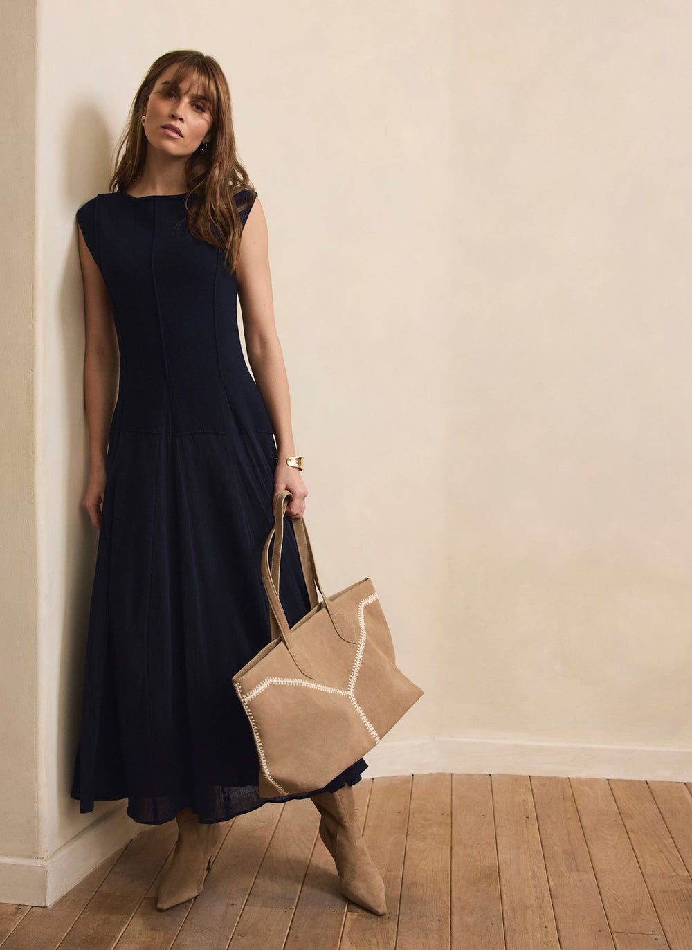 Navy Cotton Blend Drop Waist Maxi Dress