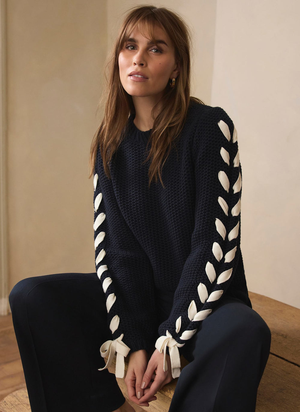 Navy Cotton Blend Ribbon Detail Jumper
