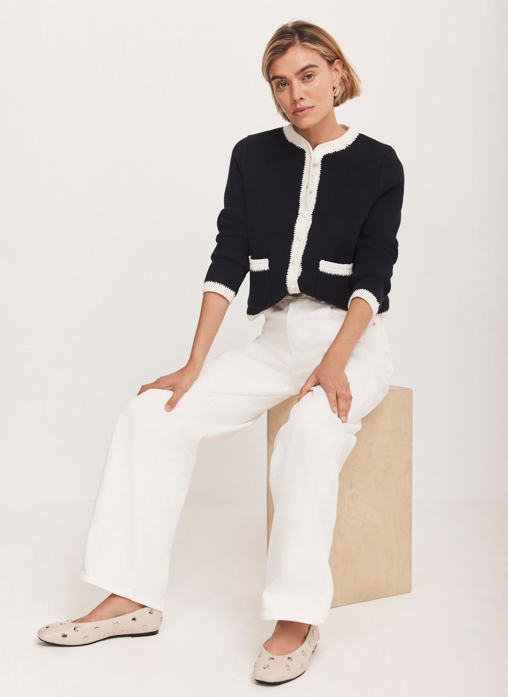 Navy Crochet Cotton Blend Jacket