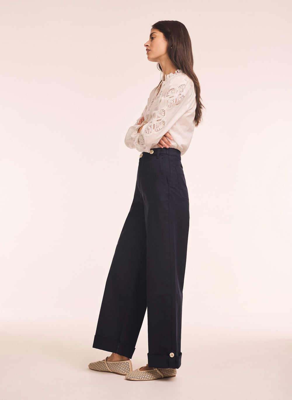Navy Cropped Wide Chino Trousers