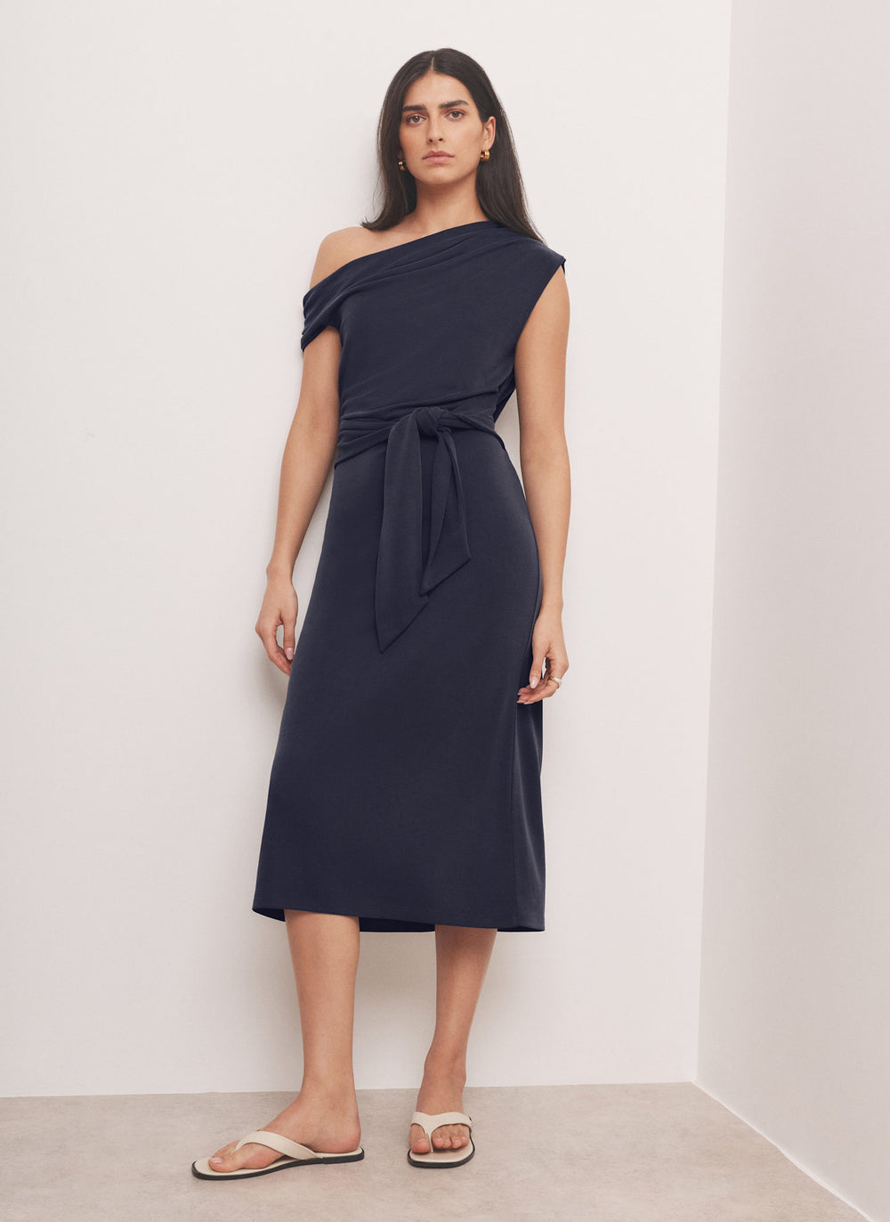 Navy Tie Detail Midi Dress