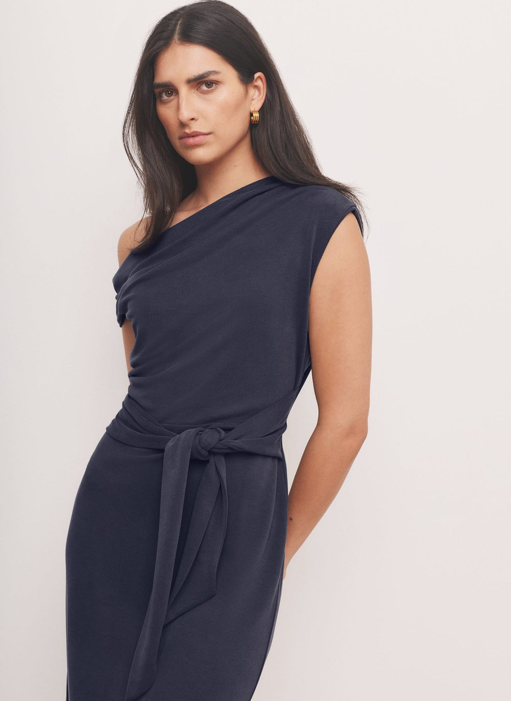 Navy Tie Detail Midi Dress