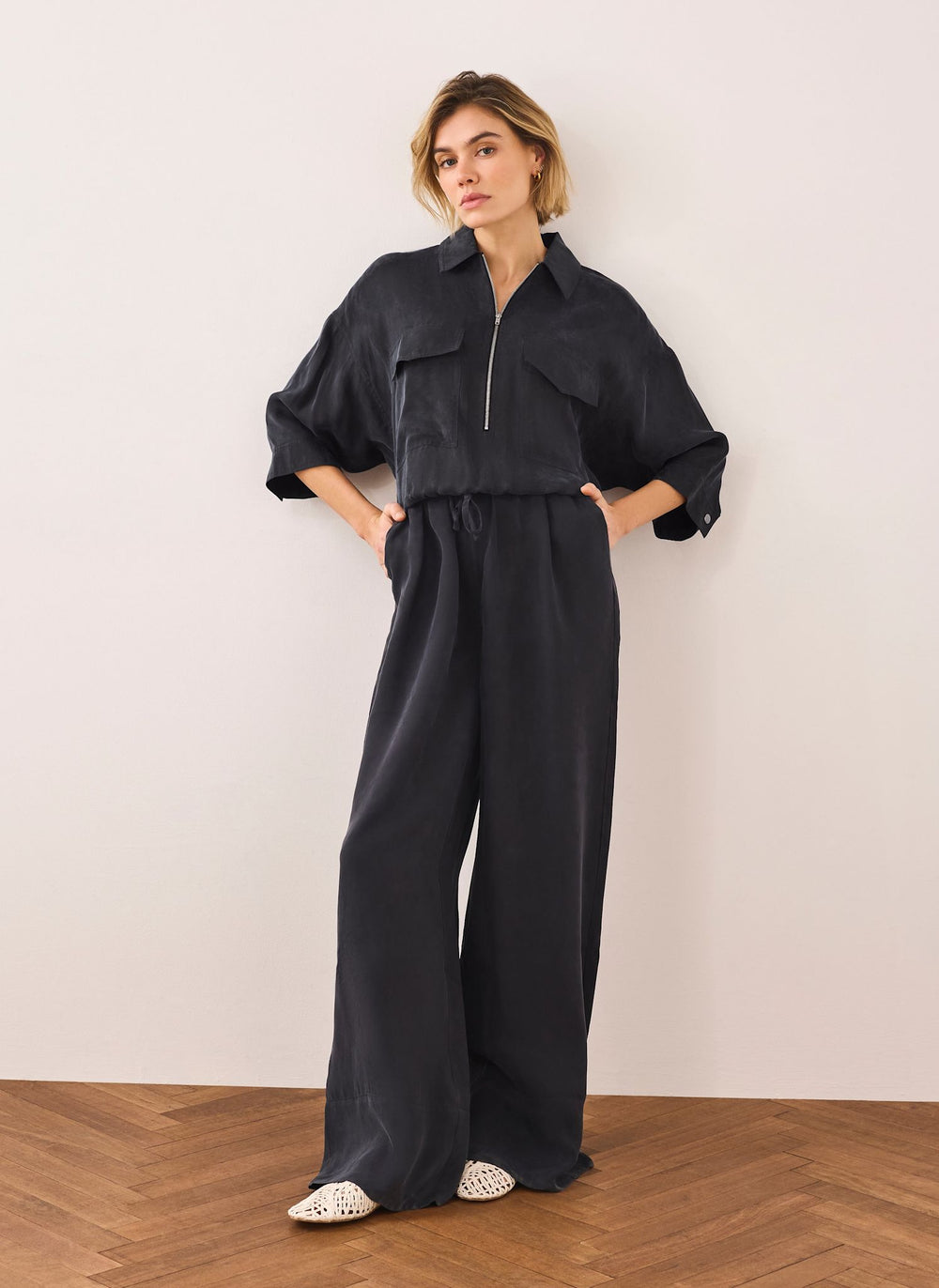 Navy Drawstring Wide Leg Trousers