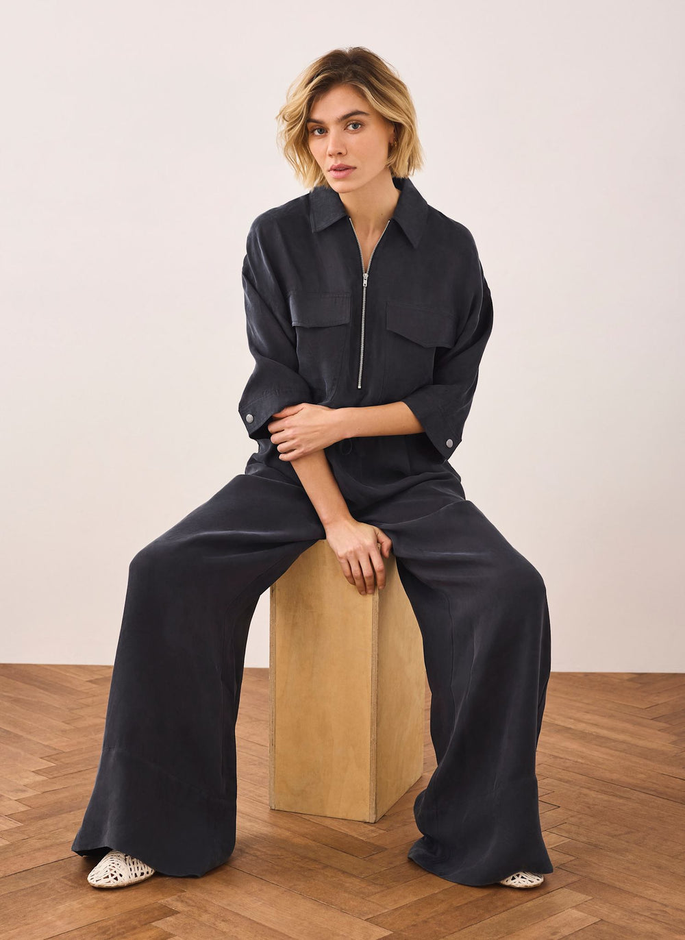 Navy Drawstring Wide Leg Trousers