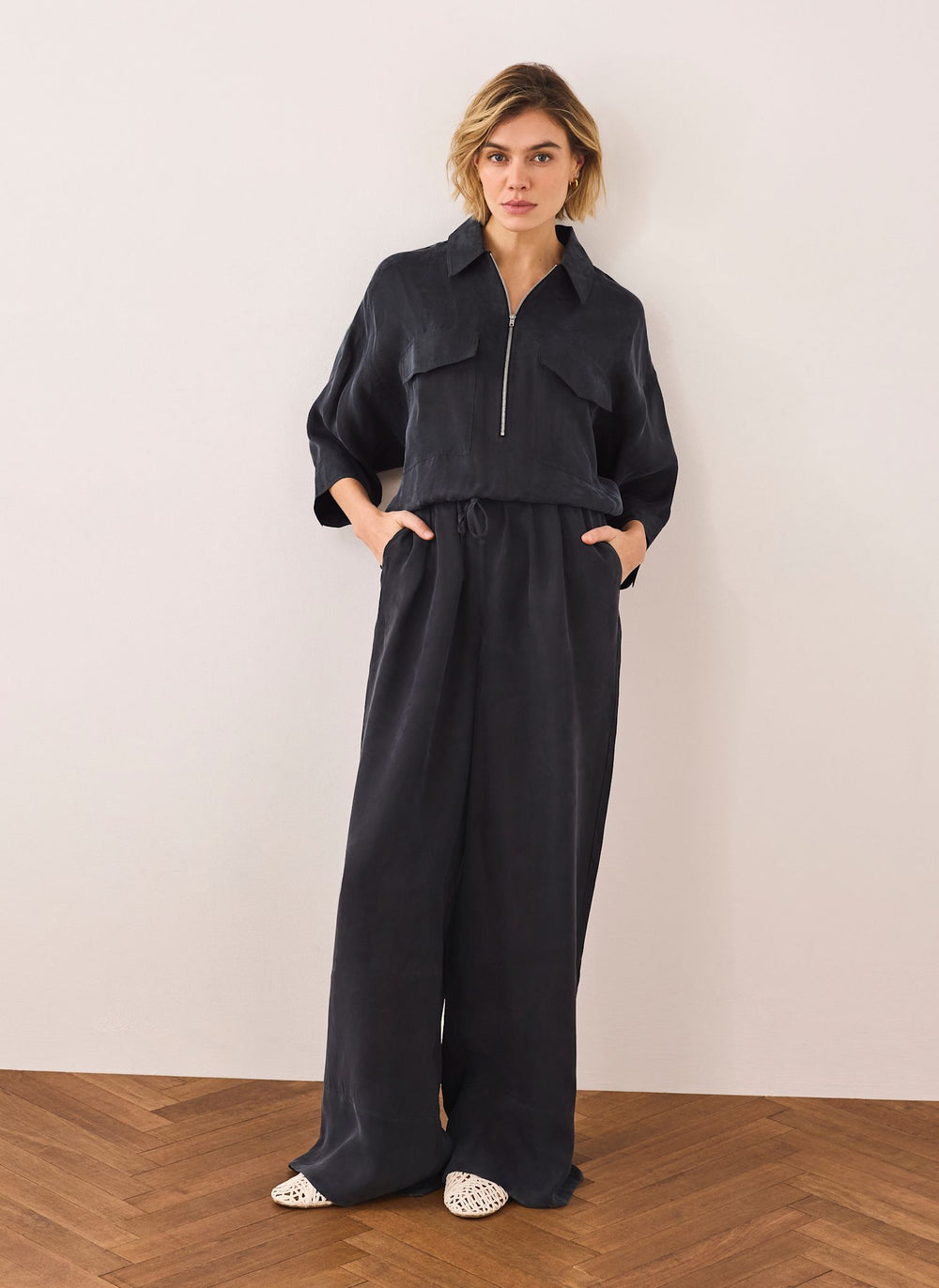 Navy Drawstring Wide Leg Trousers