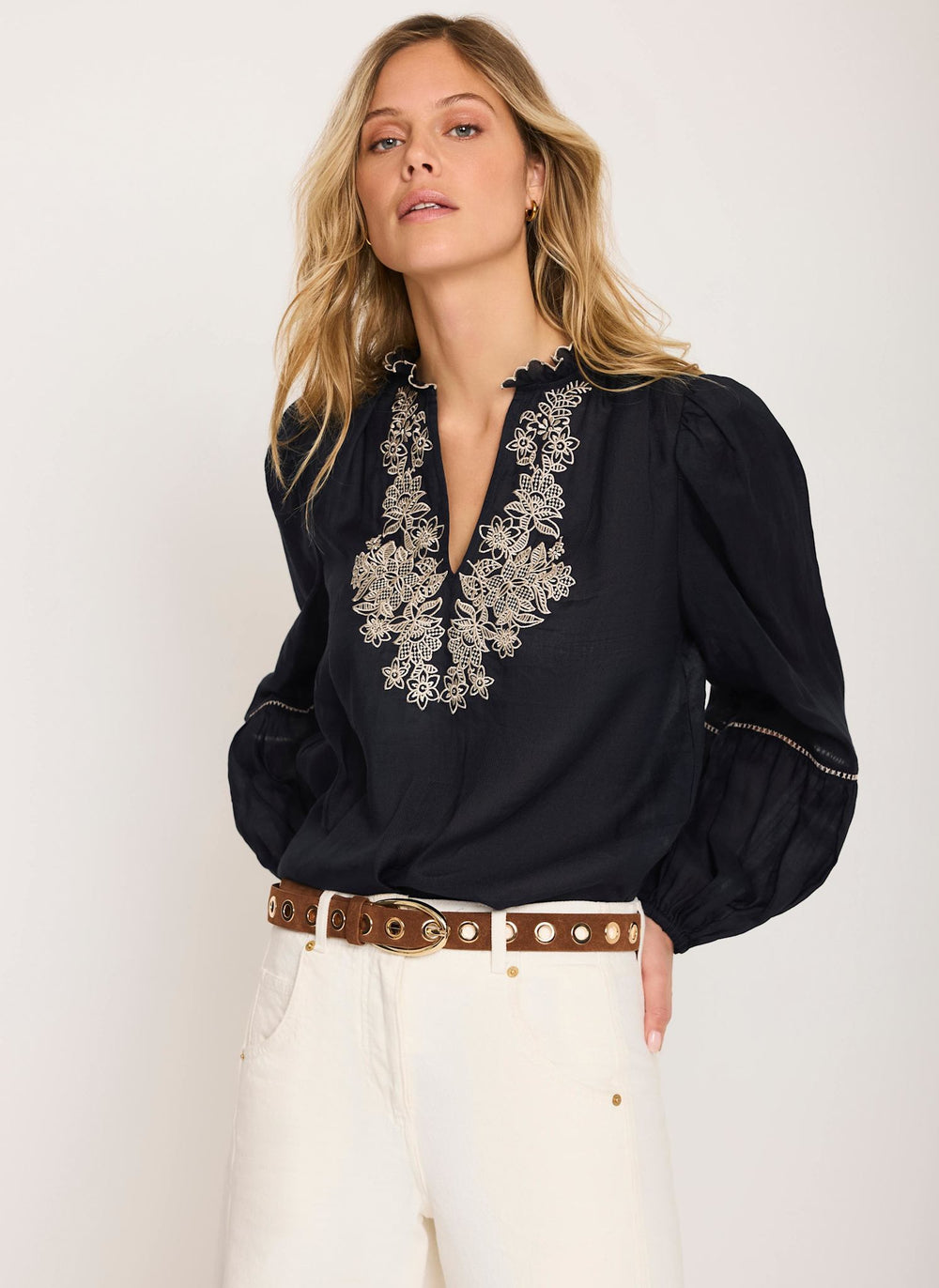 Navy Embroidered Detail Blouse