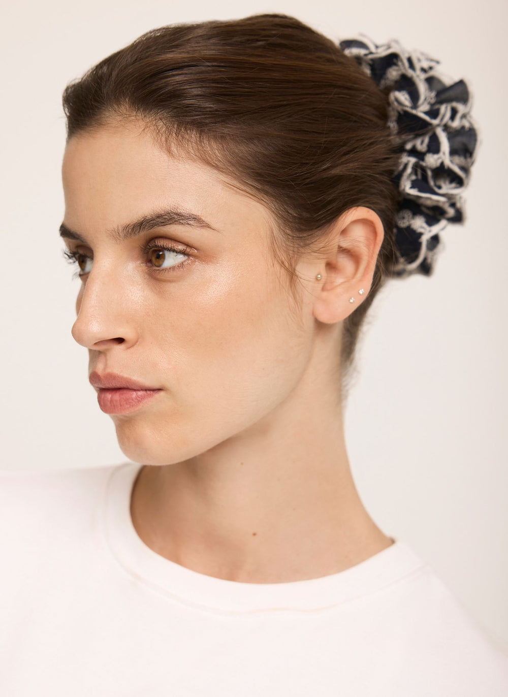 Navy Cotton Embroidered Scrunchie