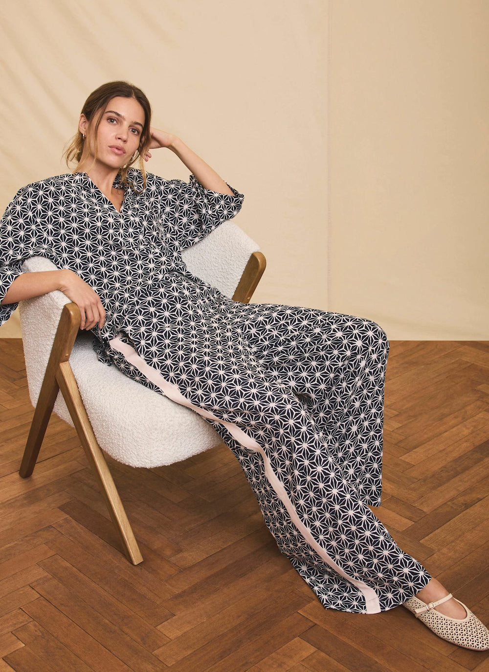 Navy Geometric Print Wide Trousers