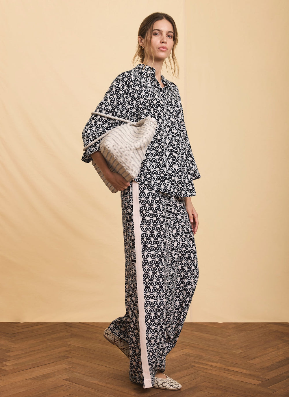 Navy Geometric Print Wide Trousers