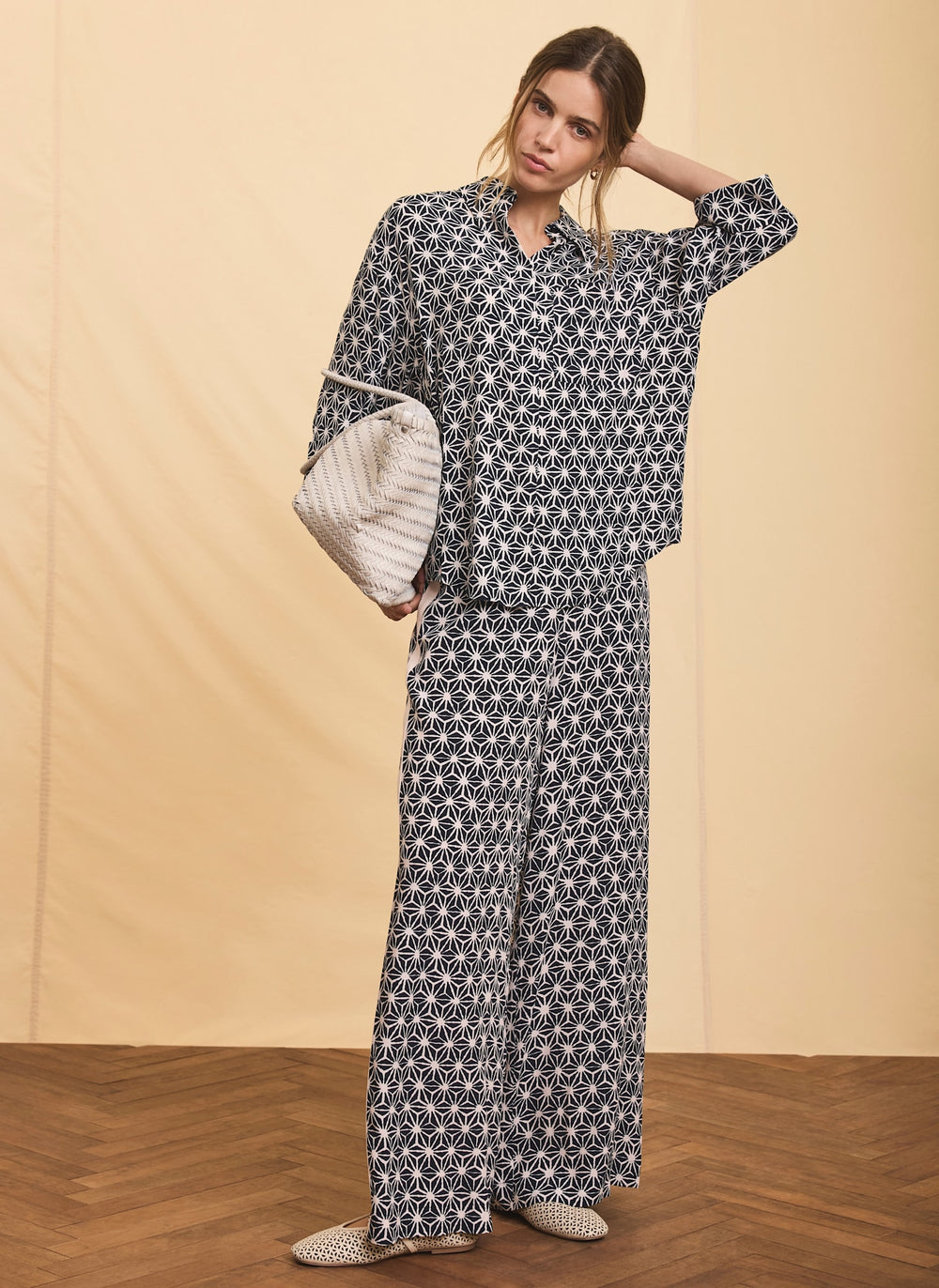 Navy Geometric Print Wide Trousers