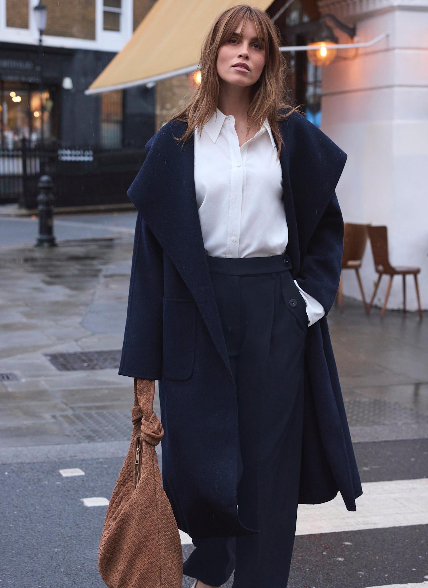 Navy Hand Finished Double Breasted Coat — affordable alternative to a belted trench coat from a video