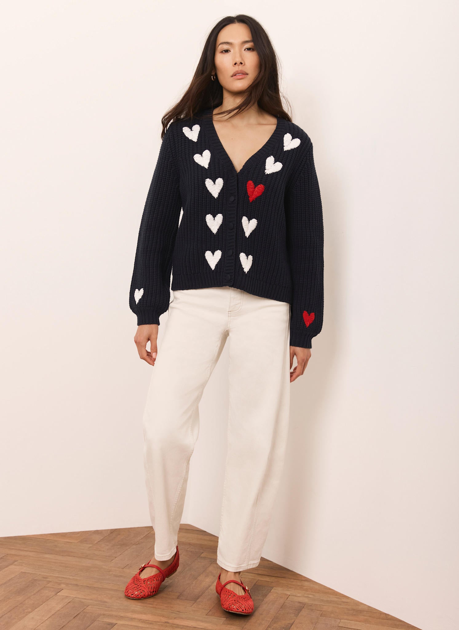 heart logo button cardigan｜theVirgins Navy Heart Embroidered Cardigan – Mint Velvet