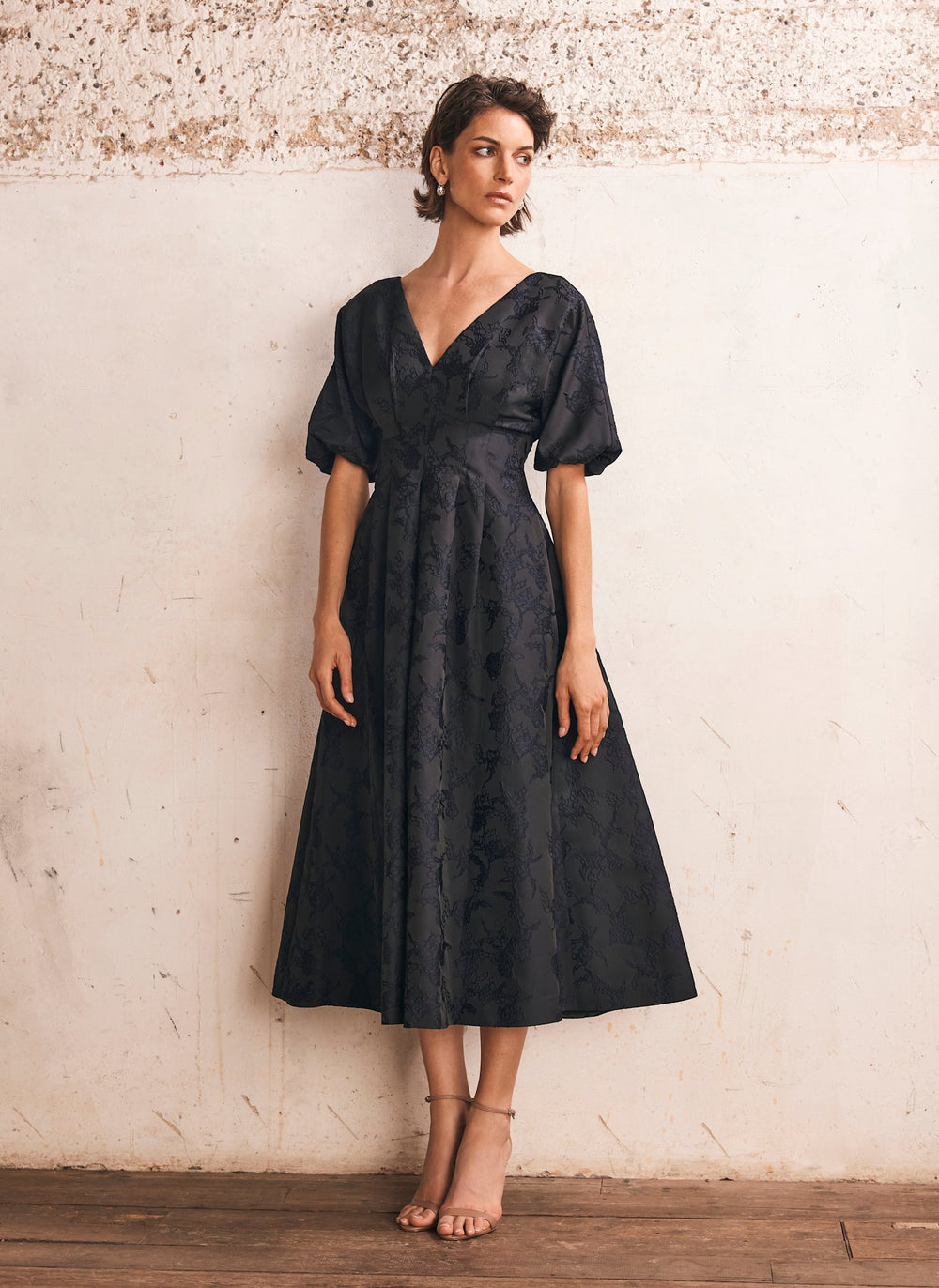 Navy Jacquard Midi Dress
