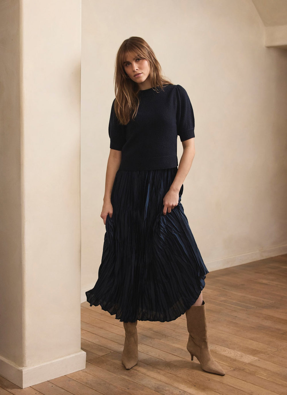 Navy Knit Puff Sleeve Maxi Dress