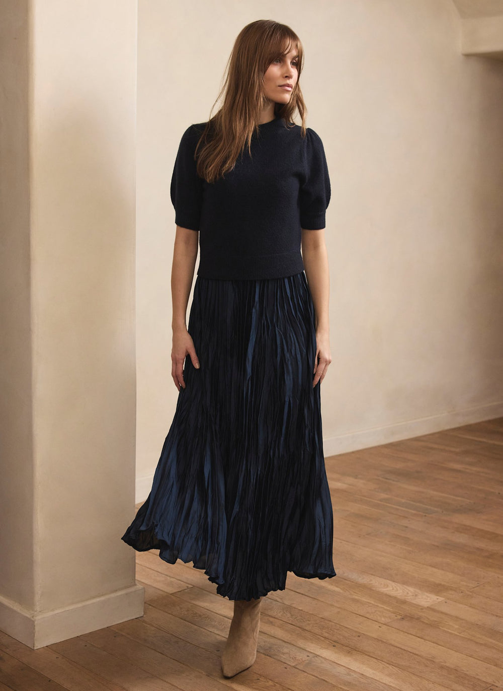 Navy Knit Puff Sleeve Maxi Dress