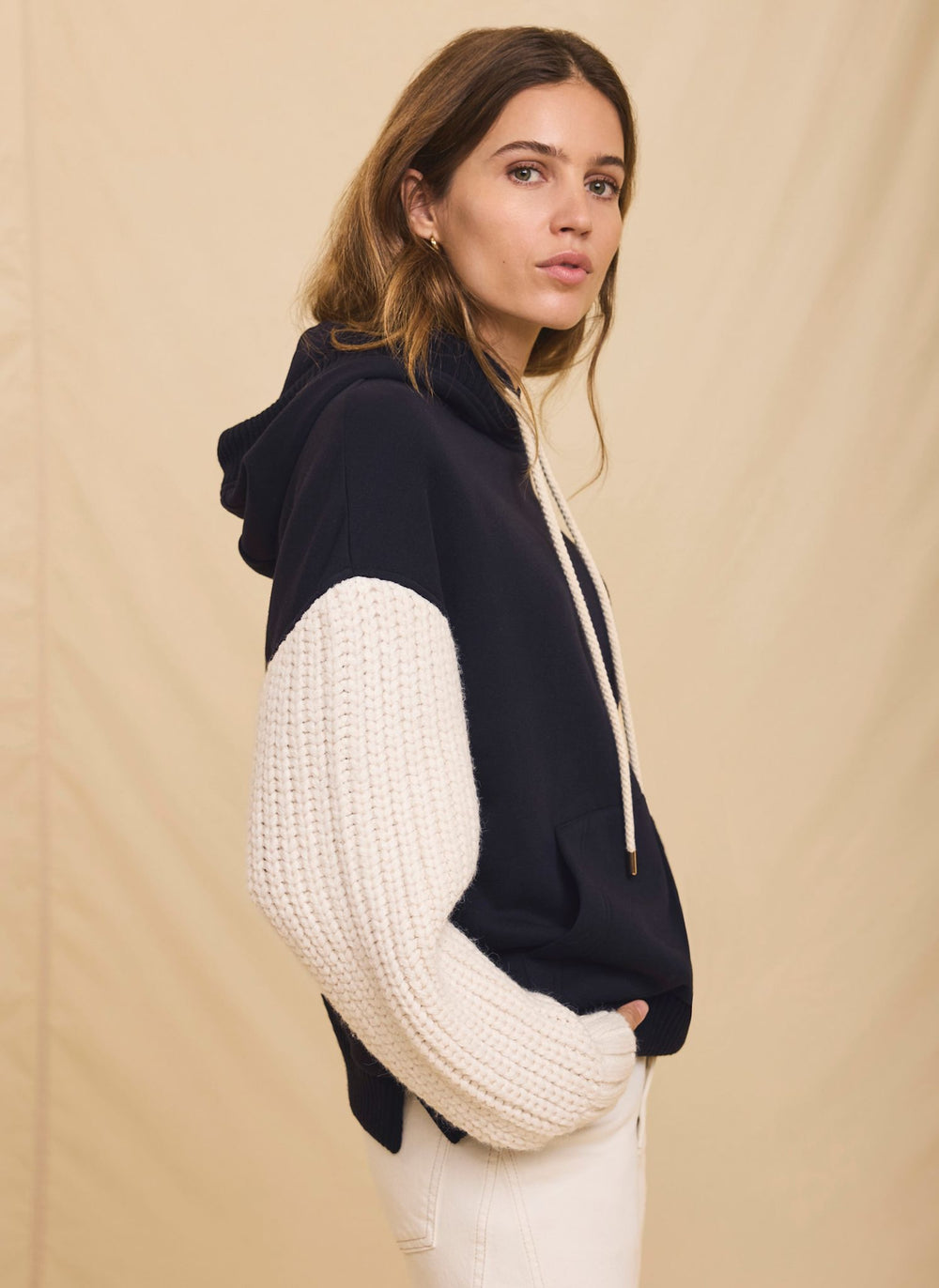 Navy Cotton Blend Contrast Sleeve Hoodie