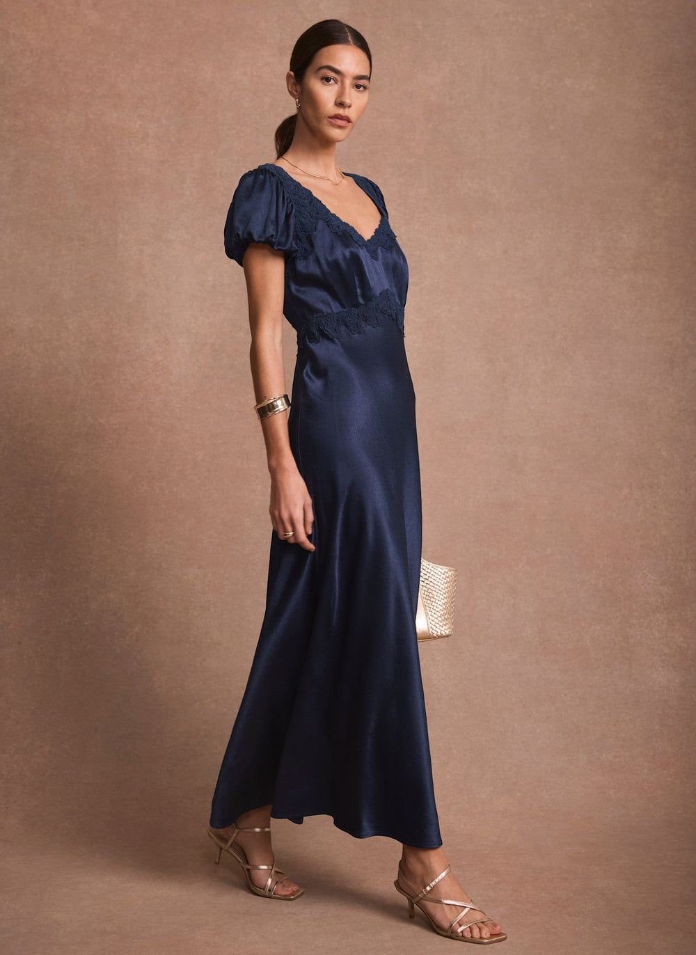 Navy Lace Detail Satin Midi Dress