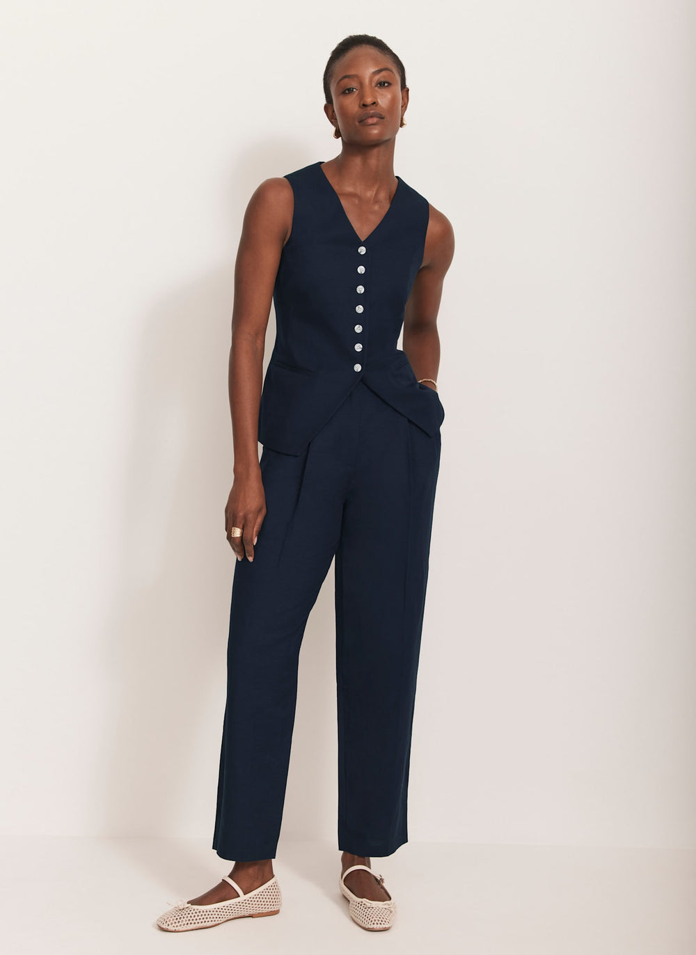 Navy Linen Blend Barrel Trousers