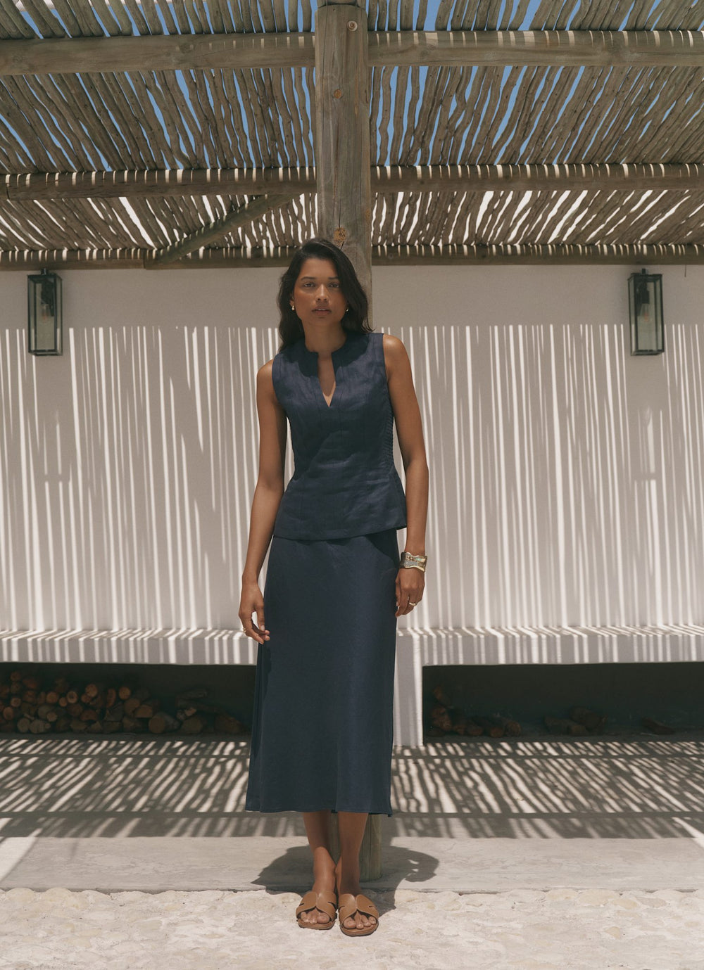 Navy Linen Midi Skirt