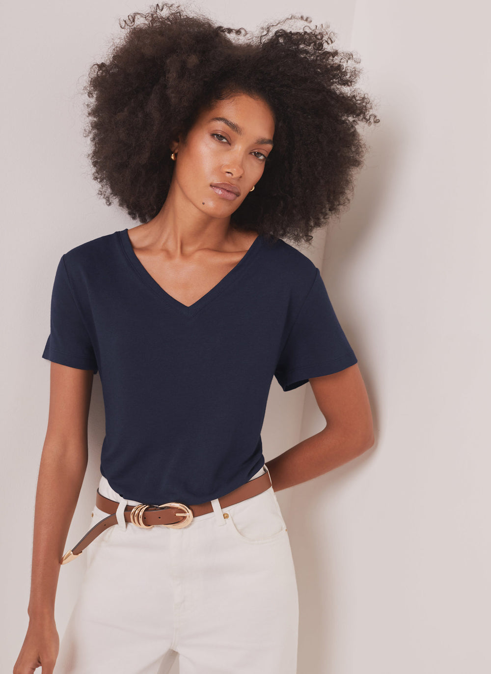 Navy Linen Blend V-Neck T-Shirt