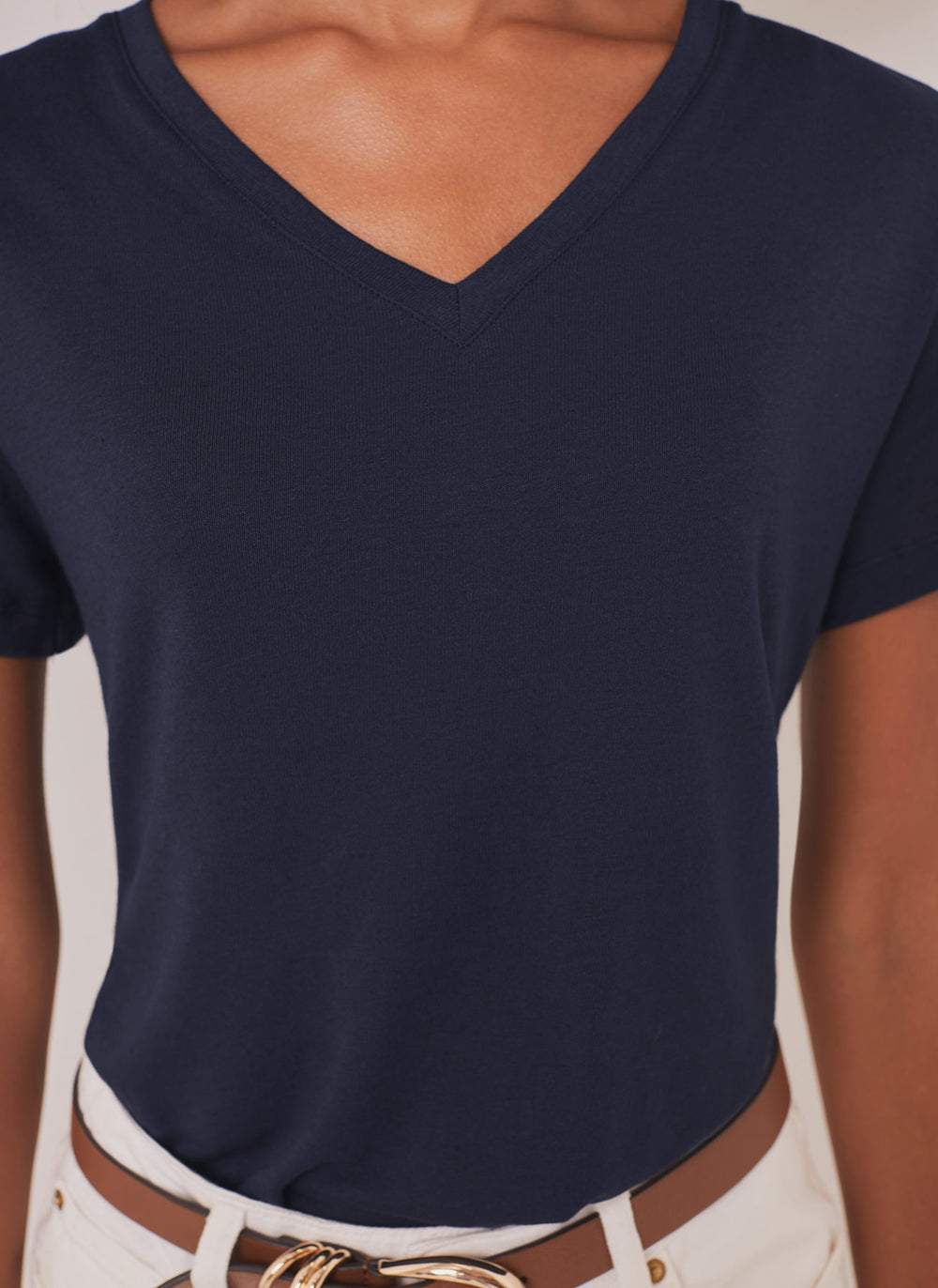 Navy Linen Blend V-Neck T-Shirt