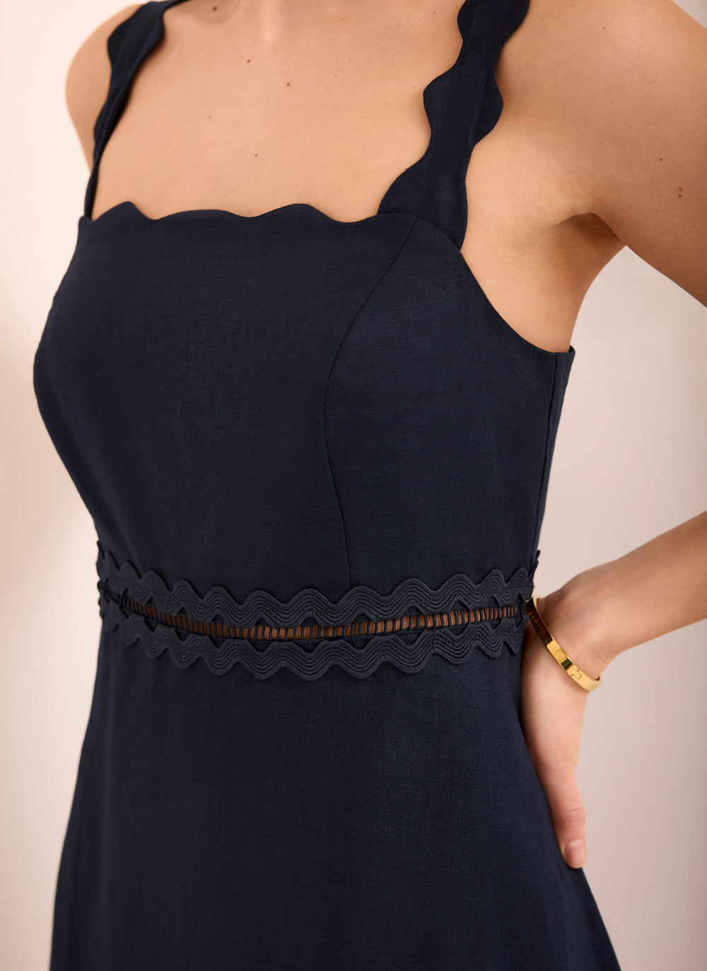 Navy Linen Scallop Trim Midi Dress