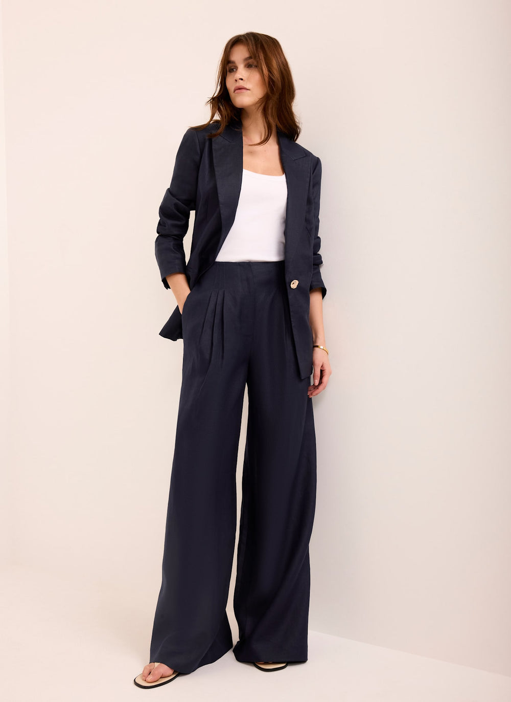 Navy Ramie Wide Leg Trousers