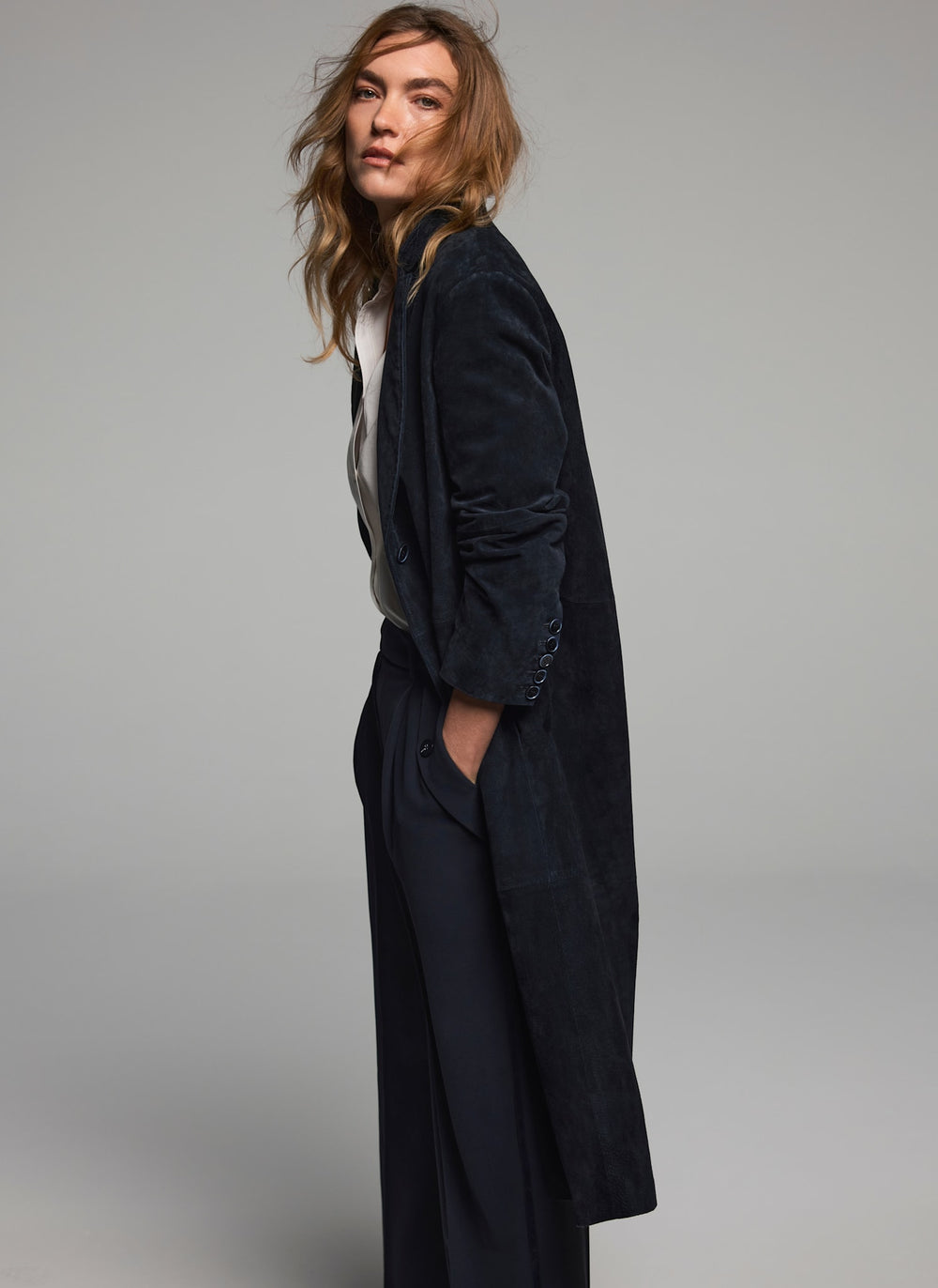 Navy Suede Trench Coat