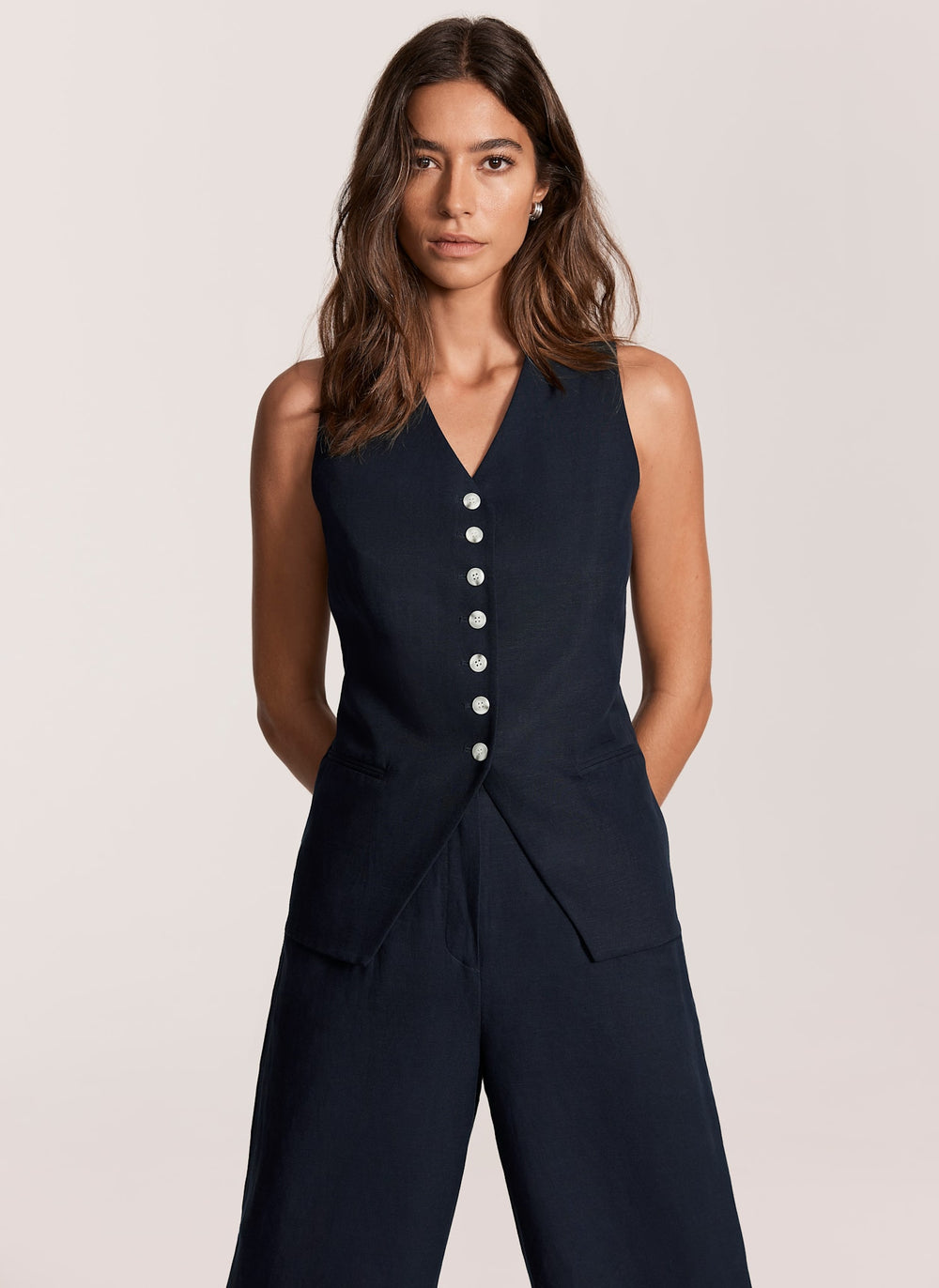 Navy Longline Linen Blend Waistcoat