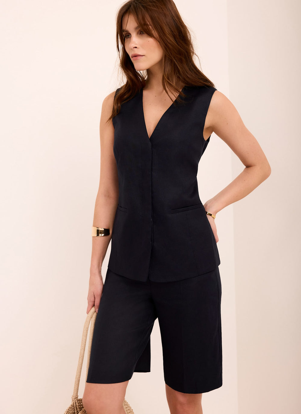 Navy Ramie Longline Waistcoat