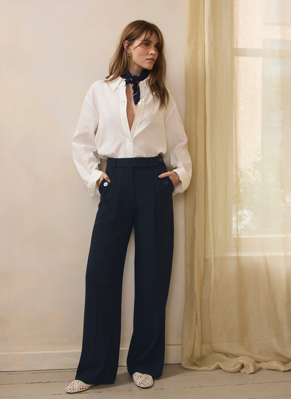 Navy Tailored Wide Trousers