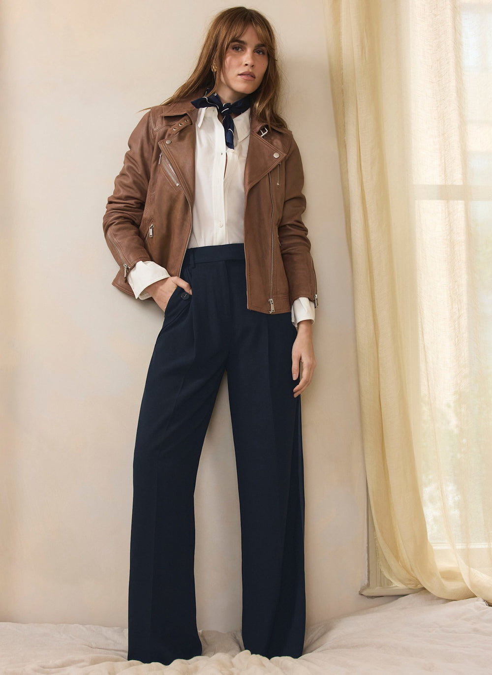 Navy Tailored Wide Trousers