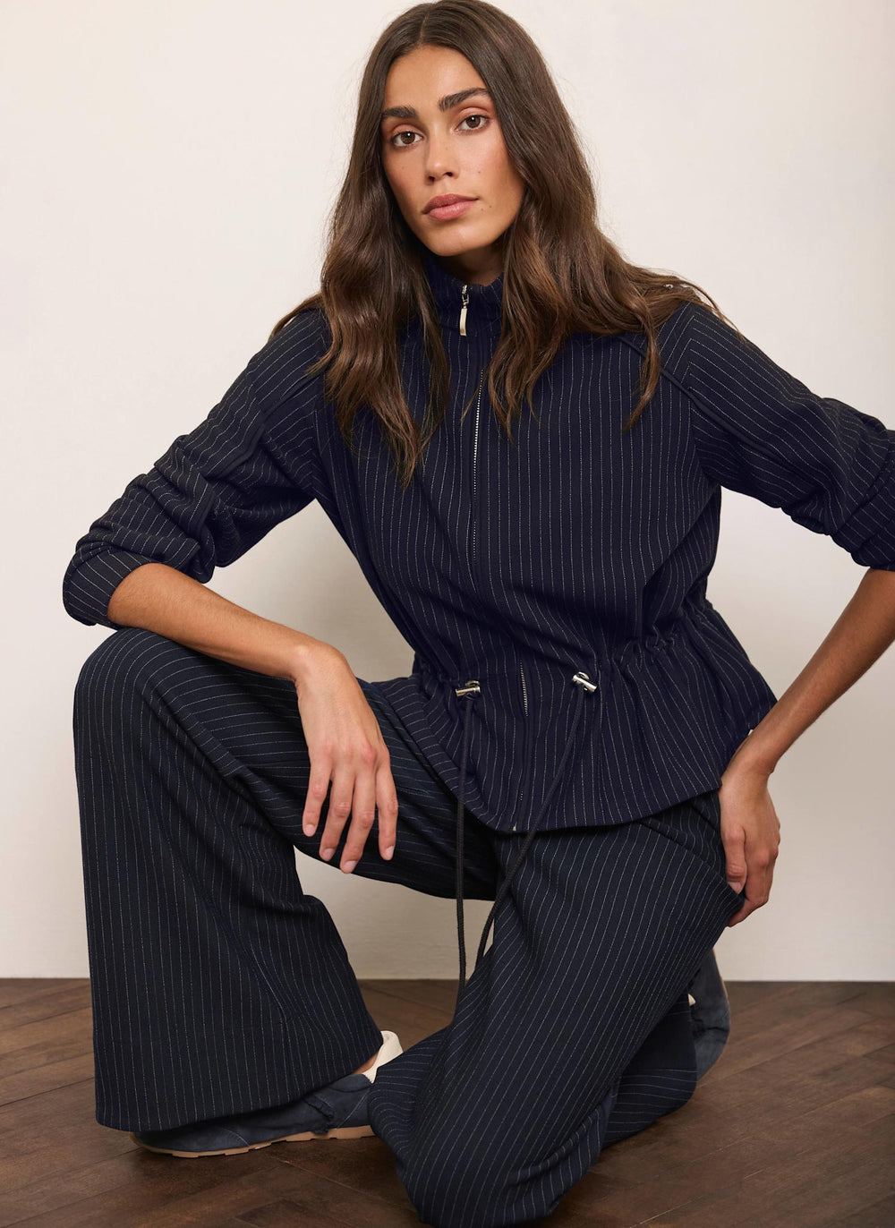Navy Pinstripe Peplum Drawstring Waist Jacket