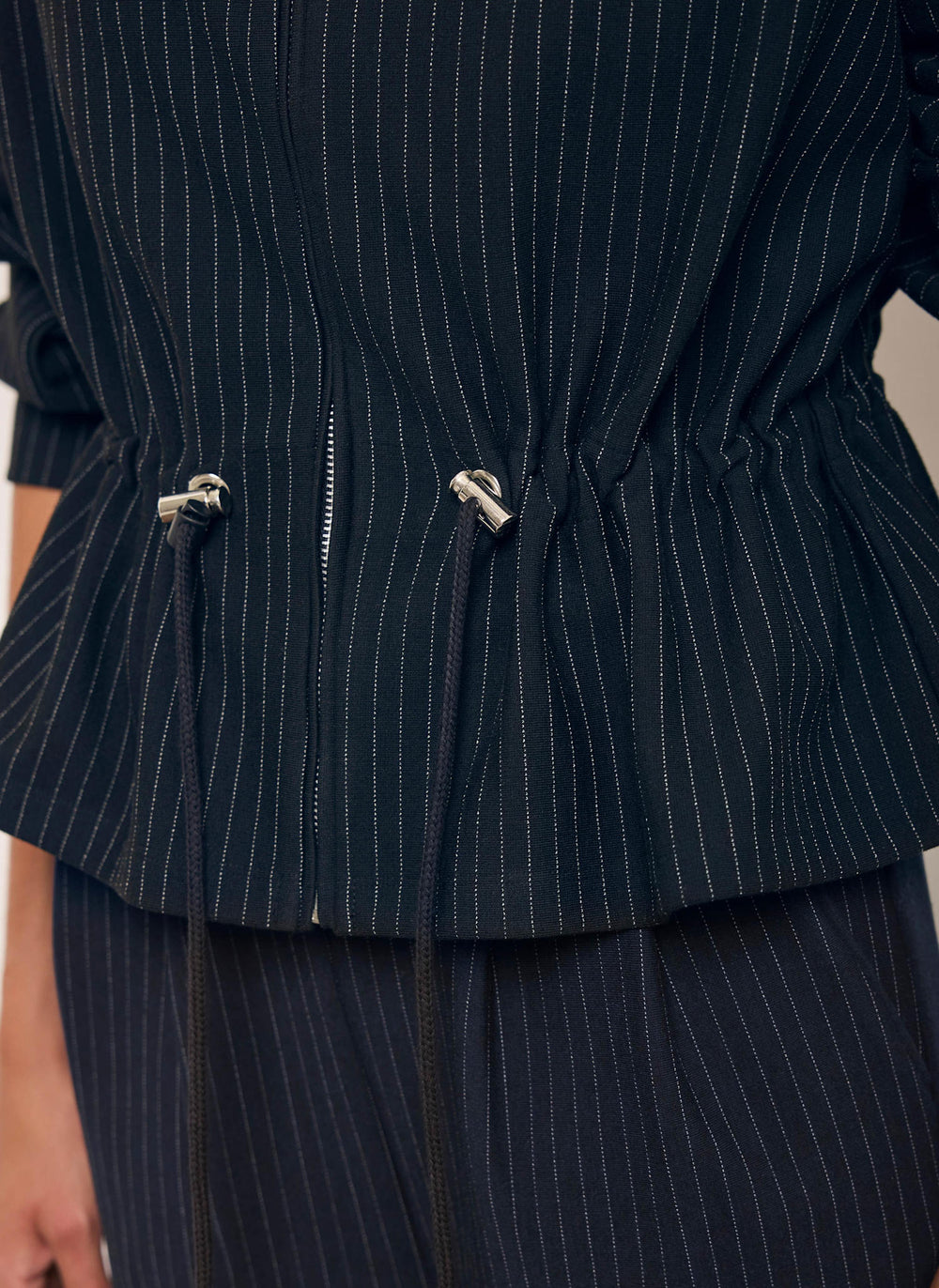 Navy Pinstripe Peplum Drawstring Waist Jacket
