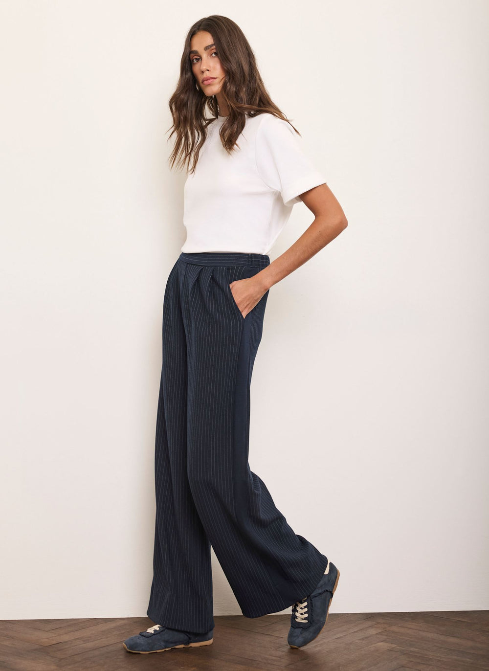 Navy Pinstripe Wide Trousers
