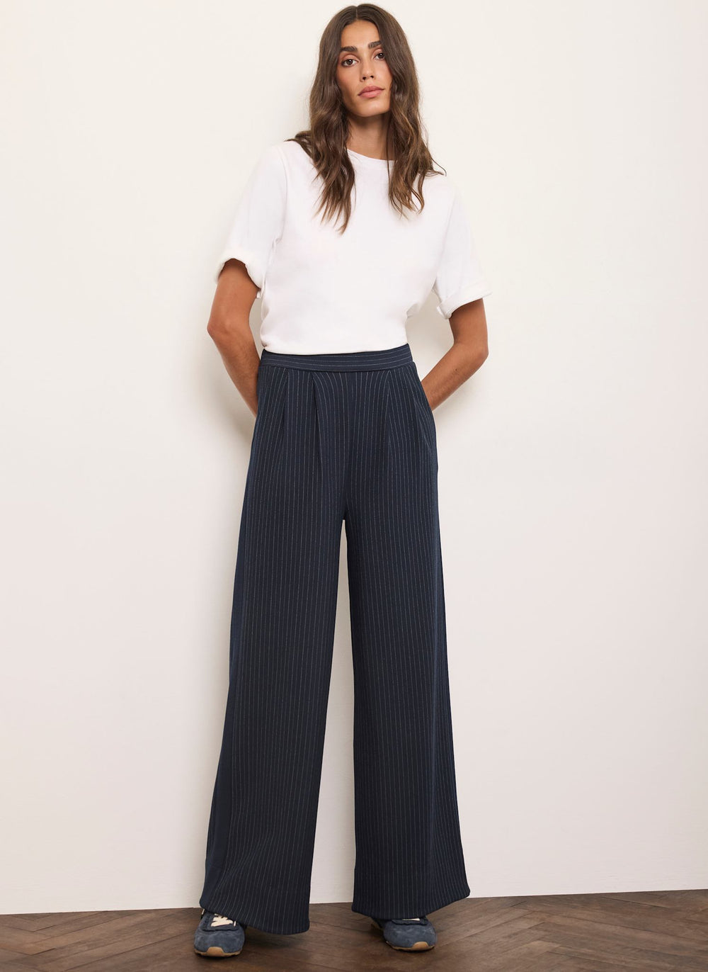 Navy Pinstripe Wide Trousers