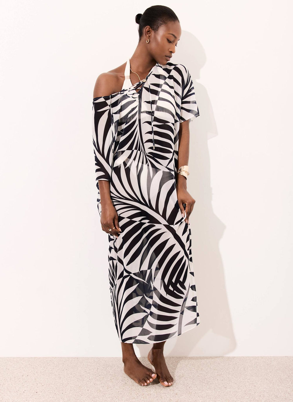 Navy Leaf Print Beach Cover Up