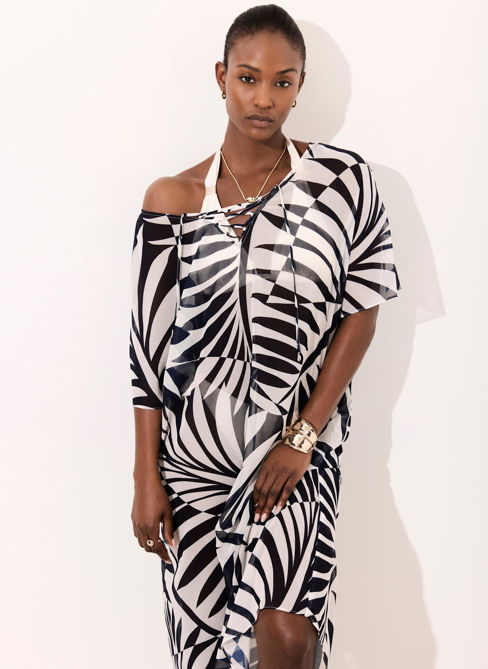 Navy Leaf Print Beach Cover Up