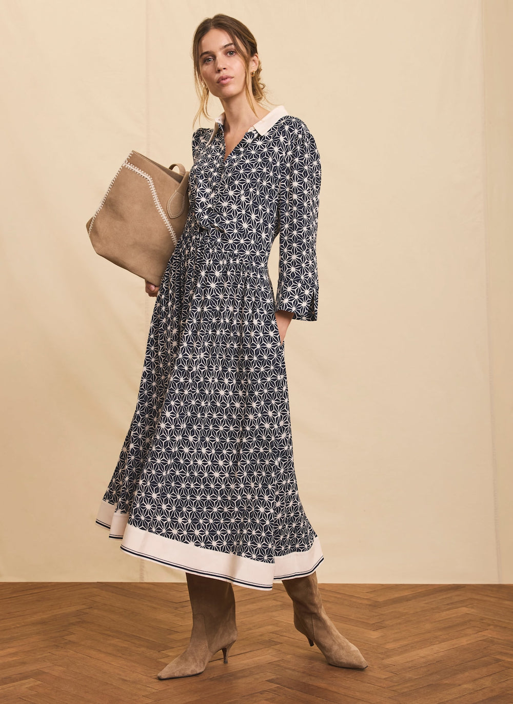 Navy Print Midi Shirt Dress