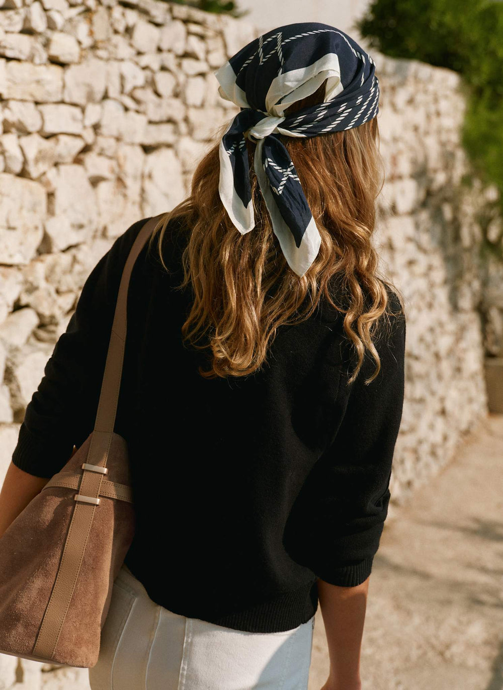 Navy Print Square Neck Scarf