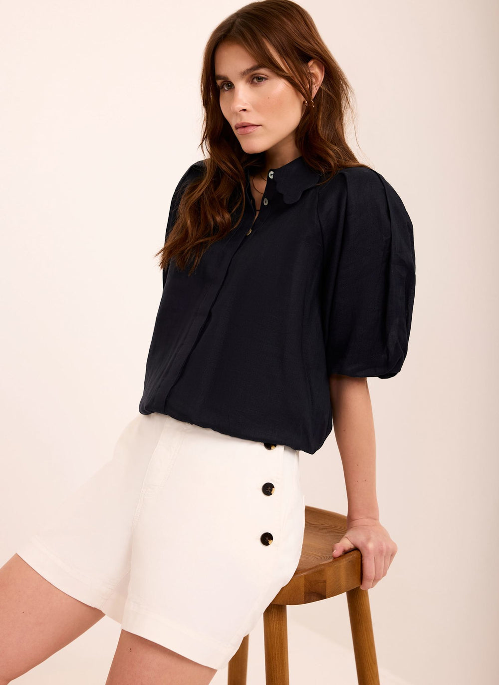 Navy Ramie Scallop Puff Sleeve Shirt