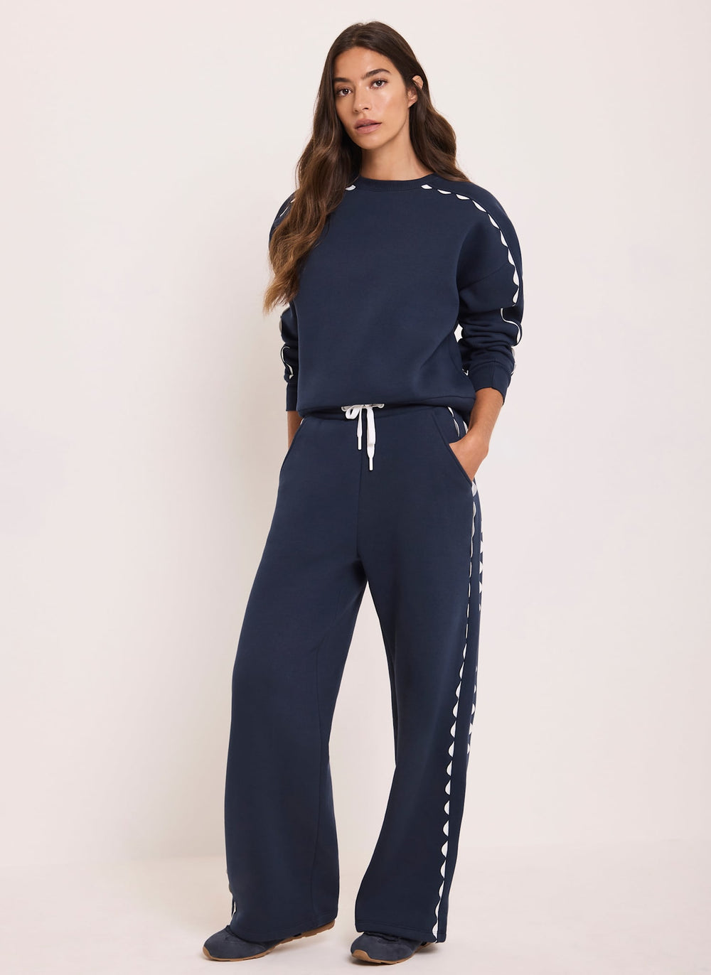 Navy Contrast Scallop Trim Relaxed Joggers