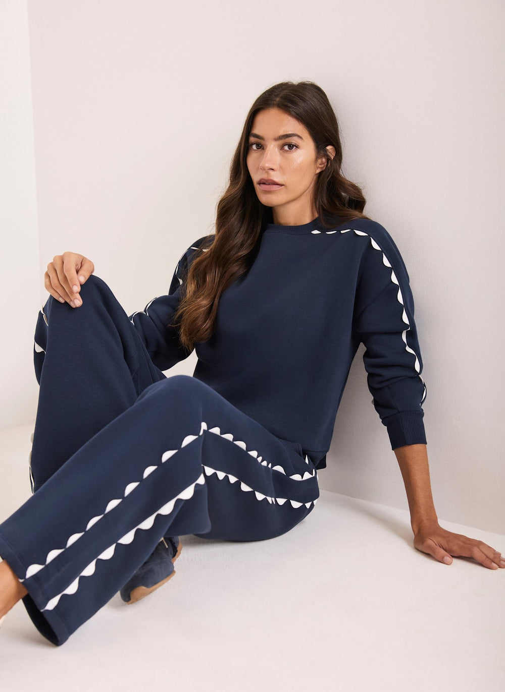Navy Contrast Scallop Trim Relaxed Joggers