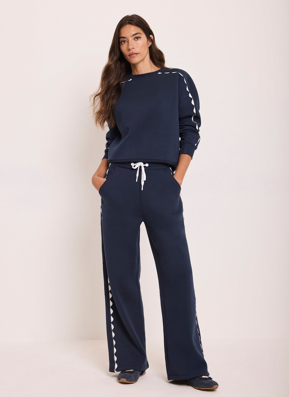 Navy Contrast Scallop Trim Relaxed Joggers
