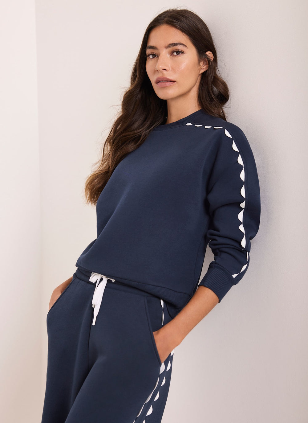 Navy Contrast Scallop Trim Sweatshirt