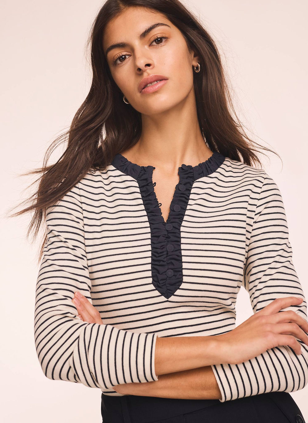 Striped Cotton Blend Ruched Henley Top