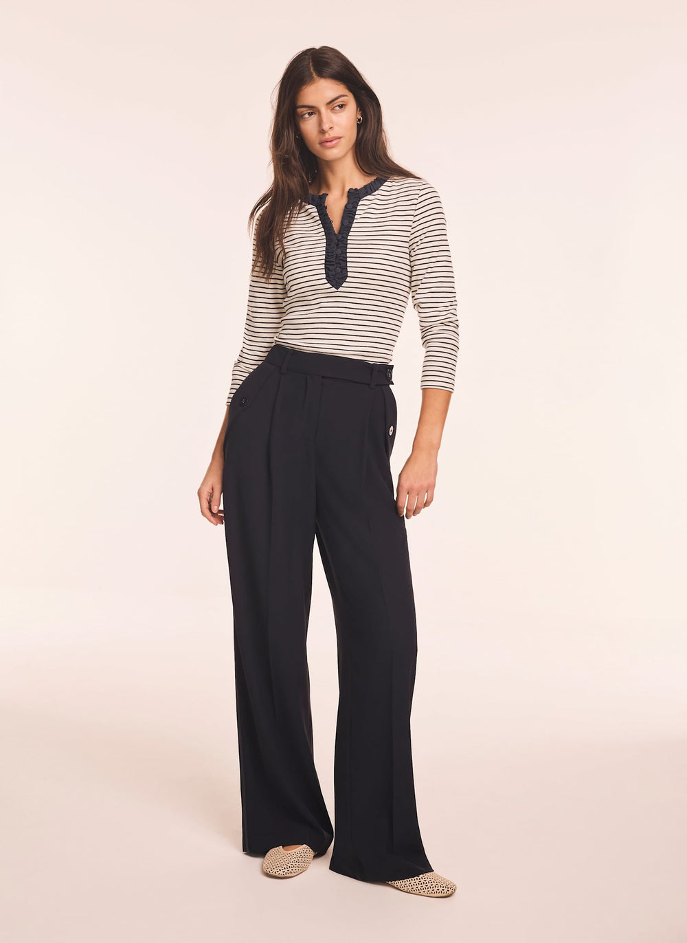 Striped Cotton Blend Ruched Henley Top