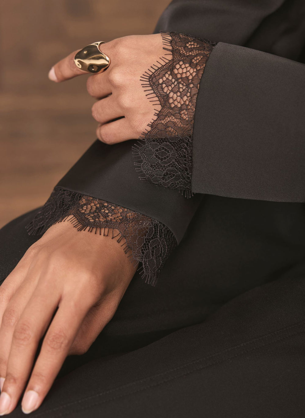 Black Satin Lace Trim Shirt