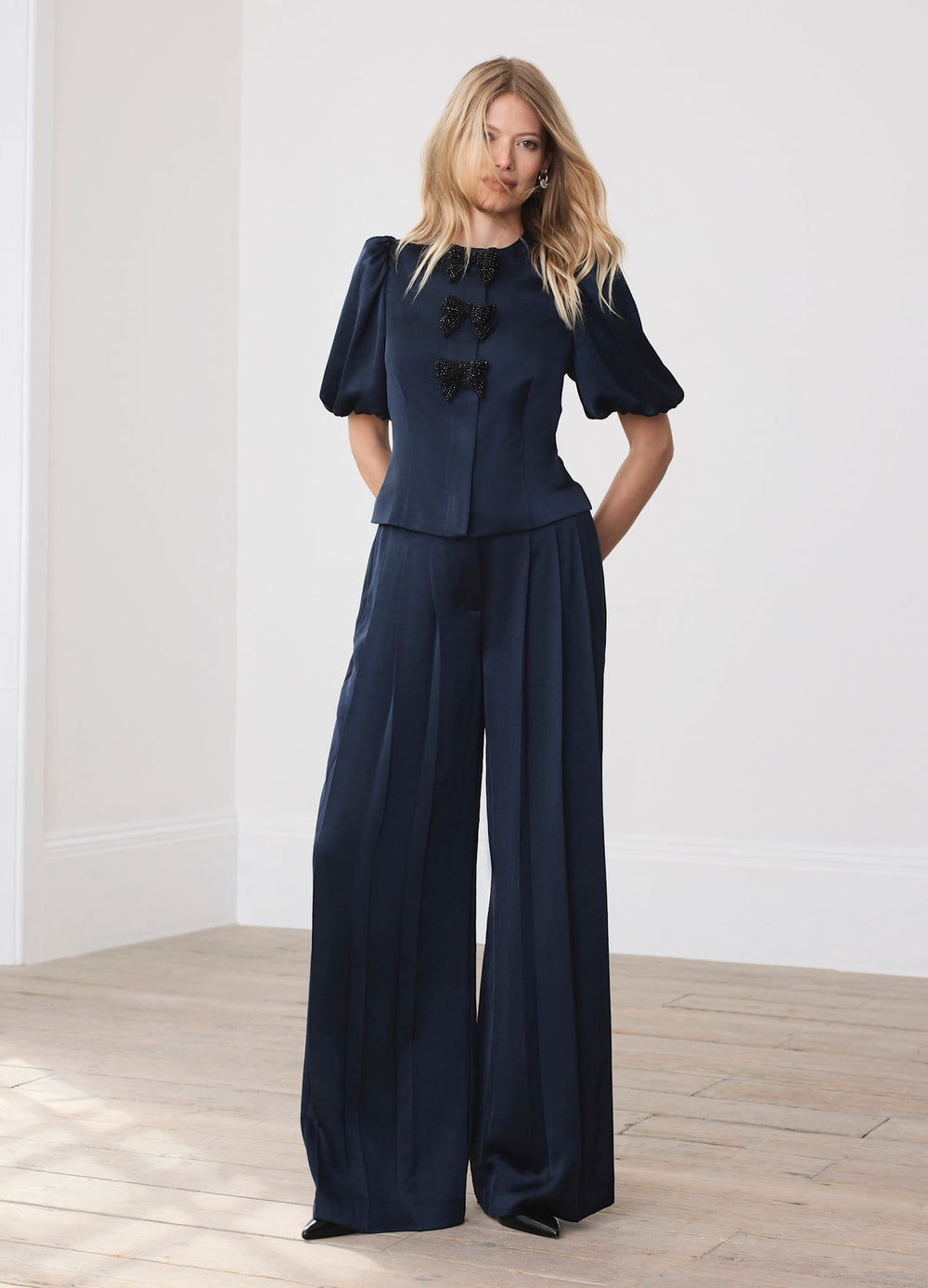 Navy Satin Pleat Detail Trousers