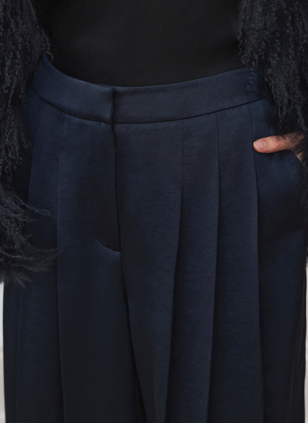 Navy Satin Pleat Detail Trousers